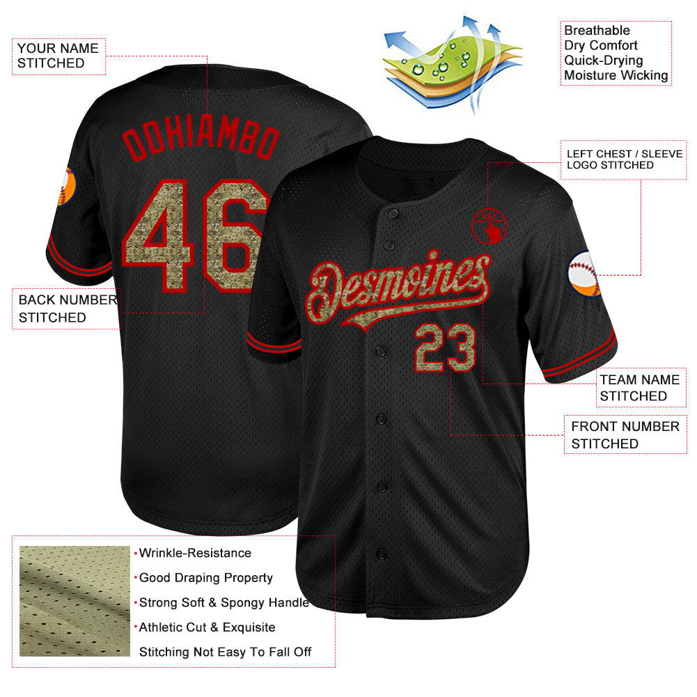 Custom Black Camo-Red Mesh Authentic Throwback Baseball Jersey view 3