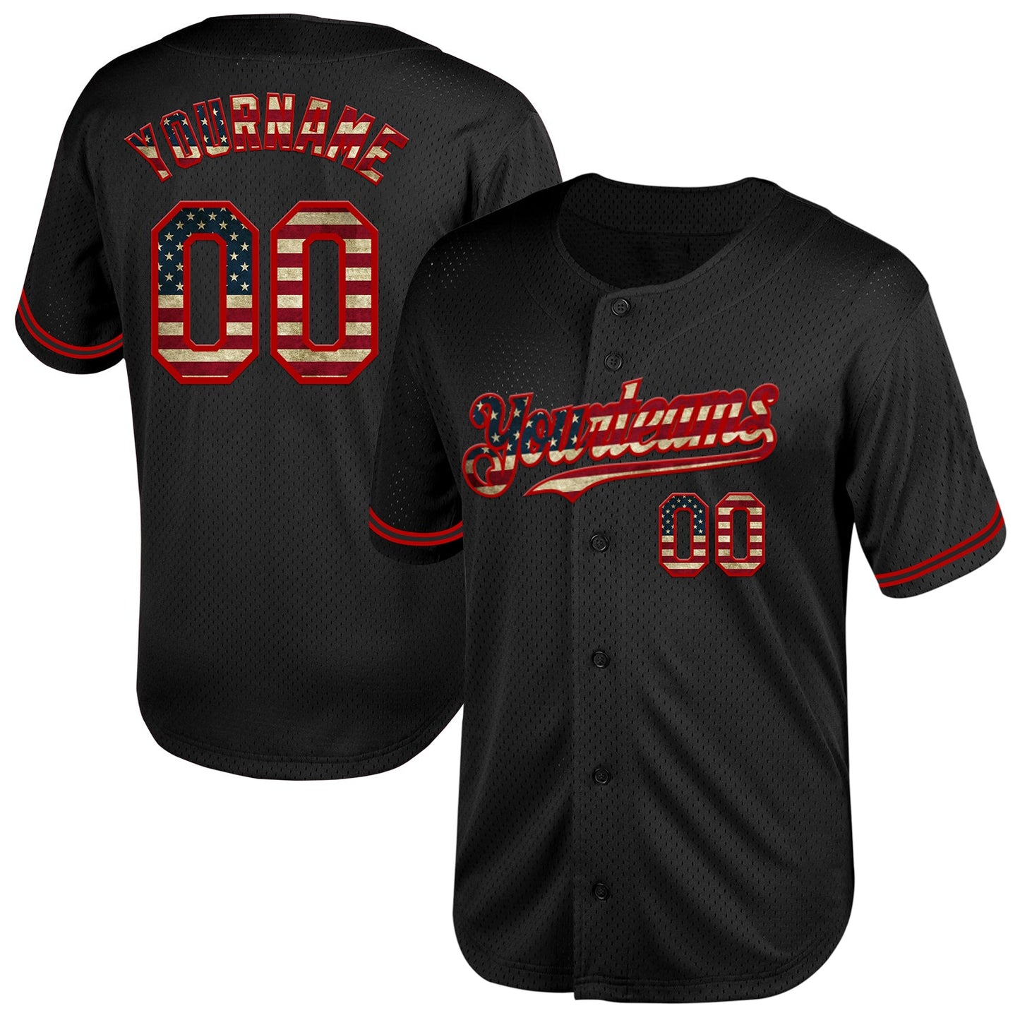 Custom Black Vintage USA Flag-Red Mesh Authentic Throwback Baseball Jersey - Main View