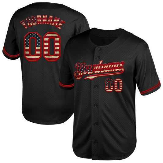 Custom Black Vintage USA Flag-Red Mesh Authentic Throwback Baseball Jersey - Main View