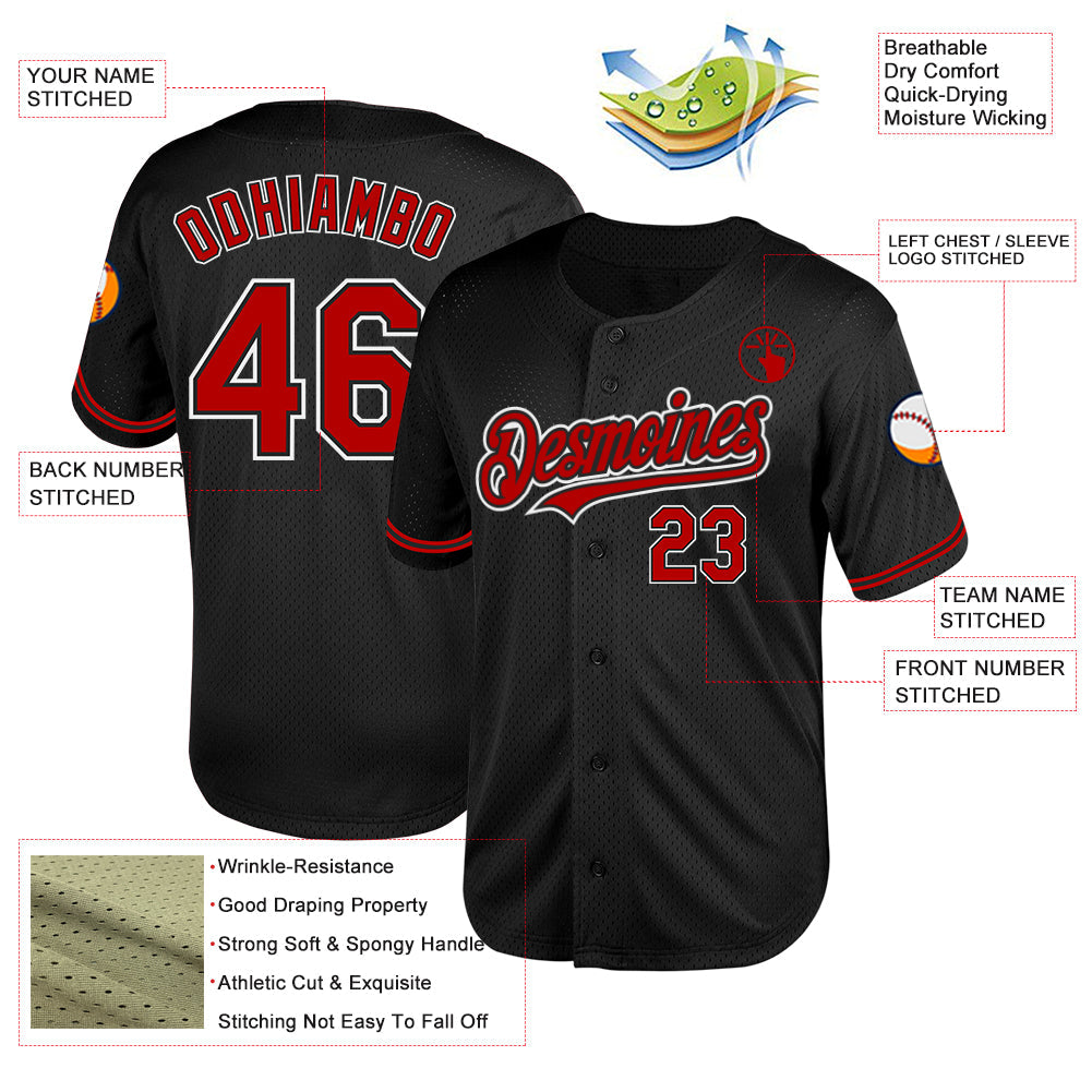 Custom Black Red-White Mesh Authentic Throwback Baseball Jersey view 3