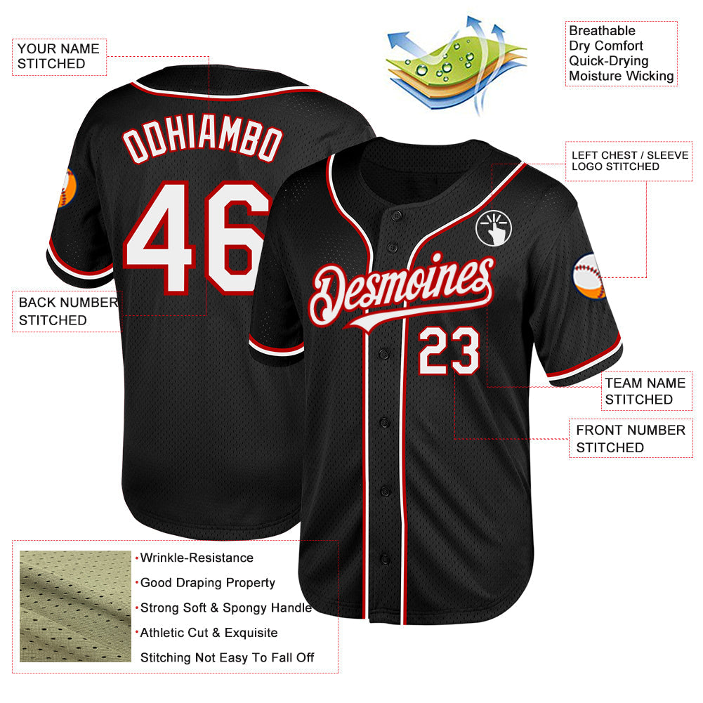 Custom Black White-Red Mesh Authentic Throwback Baseball Jersey view 3
