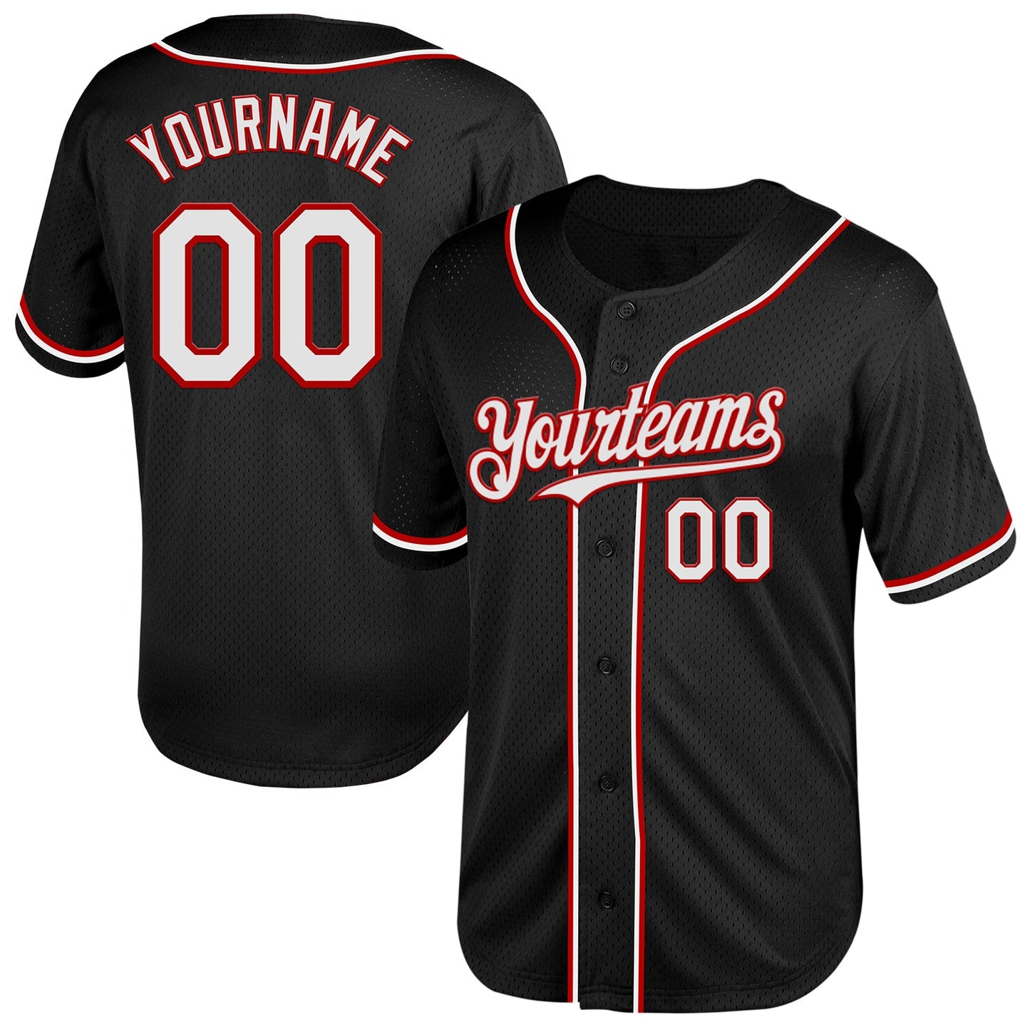 Custom Black White-Red Mesh Authentic Throwback Baseball Jersey - Main View