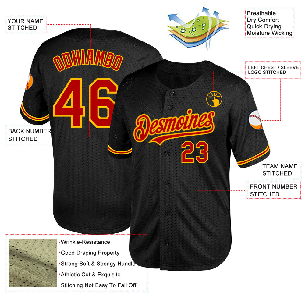 Custom Black Red-Gold Mesh Authentic Throwback Baseball Jersey view 3