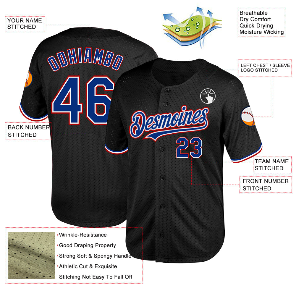 Custom Black Royal-Red Mesh Authentic Throwback Baseball Jersey view 3