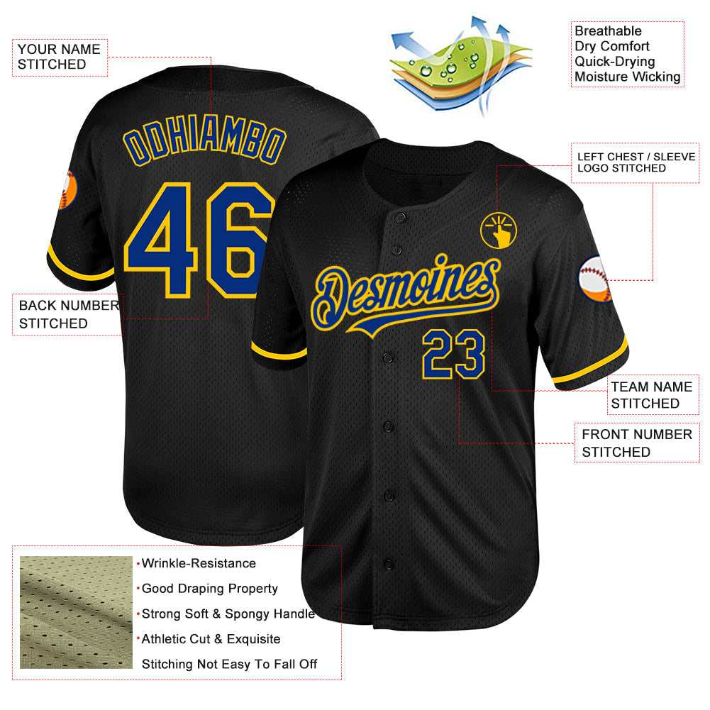Custom Black Royal-Yellow Mesh Authentic Throwback Baseball Jersey view 3