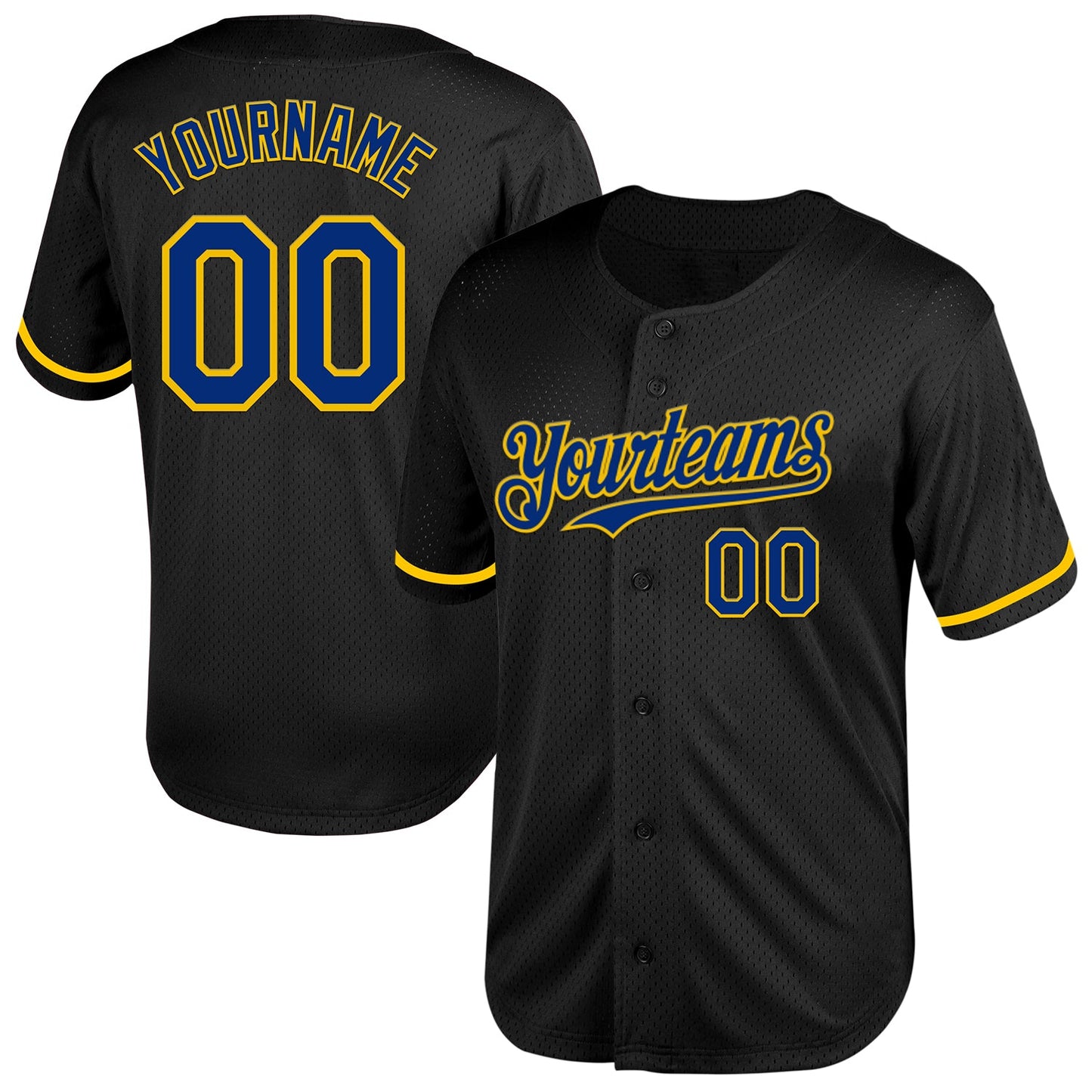 Custom Black Royal-Yellow Mesh Authentic Throwback Baseball Jersey - Main View