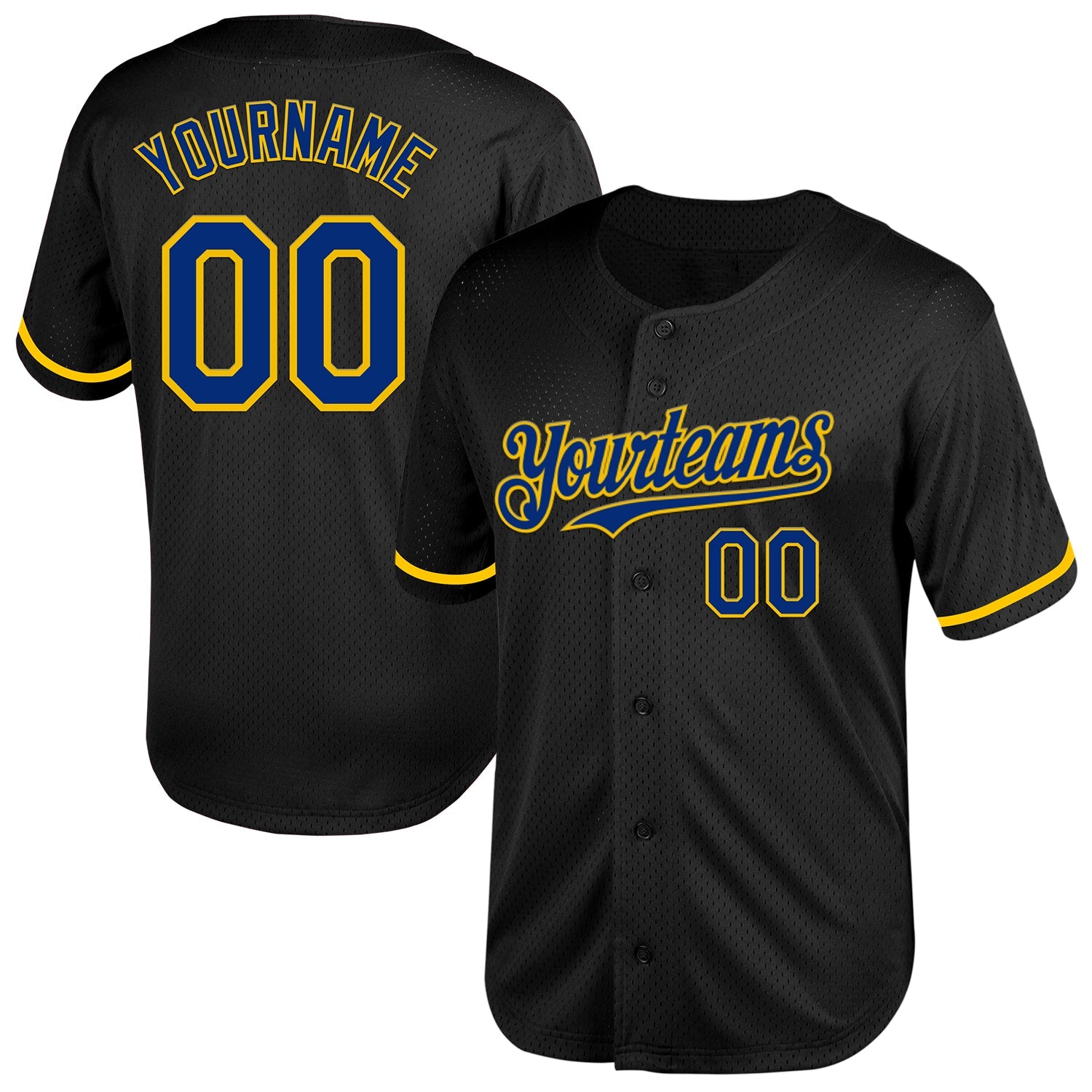 Custom Black Royal-Yellow Mesh Authentic Throwback Baseball Jersey - Main View
