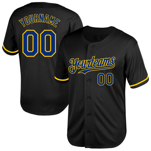 Custom Black Royal-Yellow Mesh Authentic Throwback Baseball Jersey - Main View