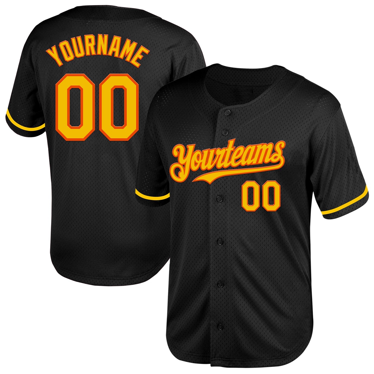 Custom Black Yellow-Orange Mesh Authentic Throwback Baseball Jersey - Main View