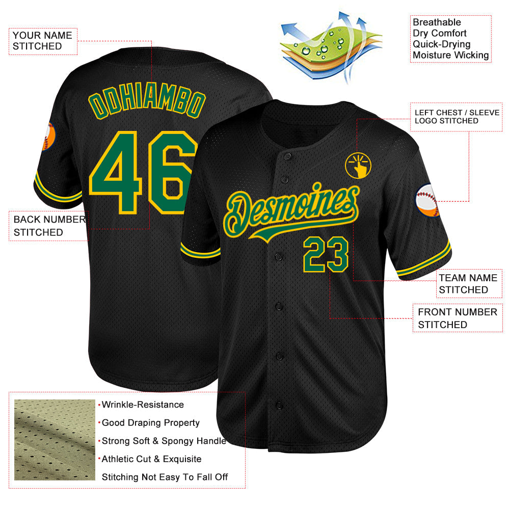 Custom Black Kelly Green-Yellow Mesh Authentic Throwback Baseball Jersey view 3