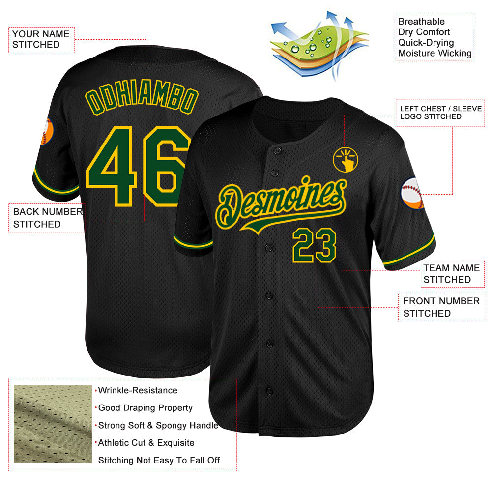 Custom Black Green-Yellow Mesh Authentic Throwback Baseball Jersey view 3