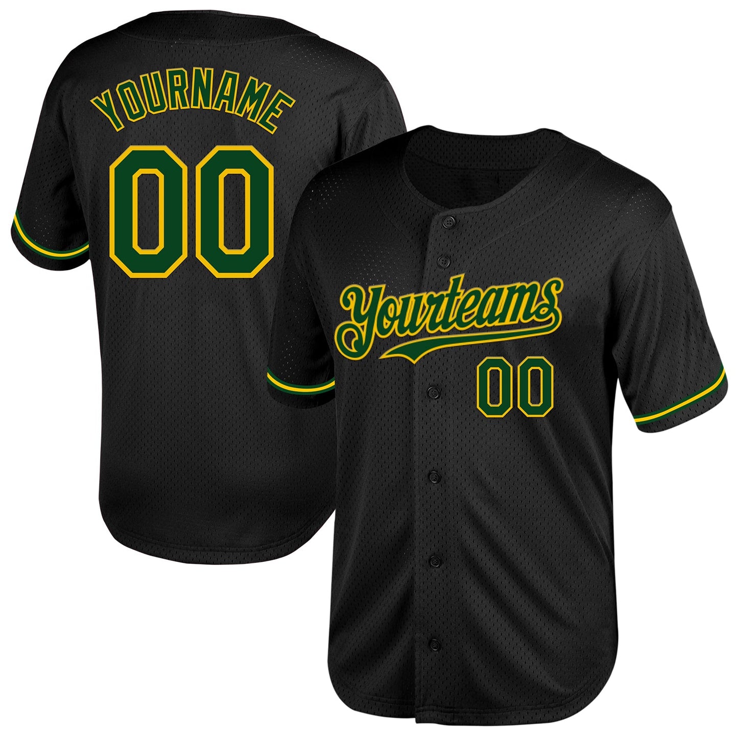 Custom Black Green-Yellow Mesh Authentic Throwback Baseball Jersey - Main View