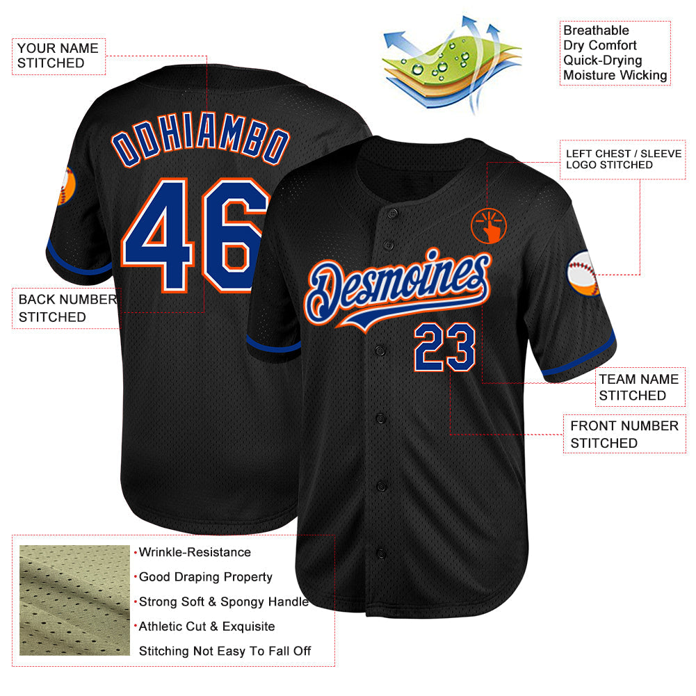 Custom Black Royal-Orange Mesh Authentic Throwback Baseball Jersey view 3