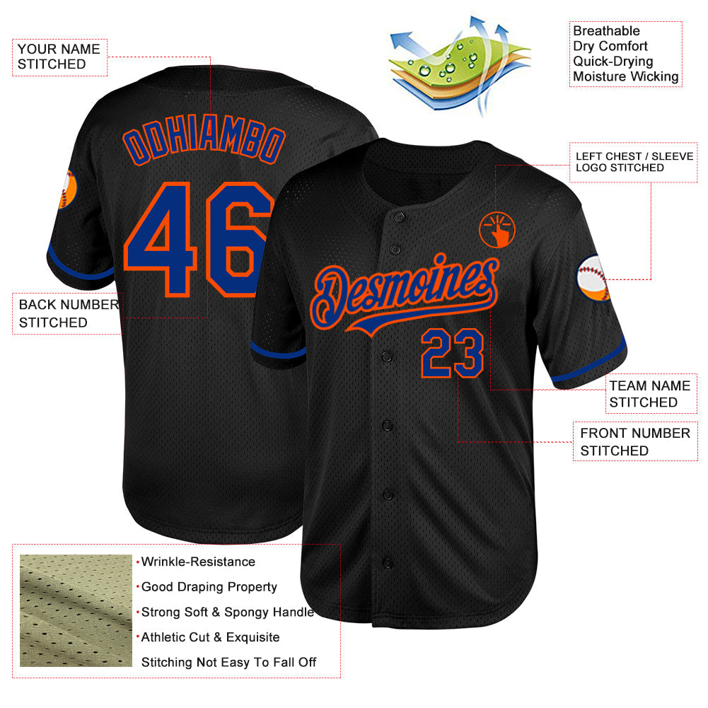 Custom Black Royal-Orange Mesh Authentic Throwback Baseball Jersey view 3