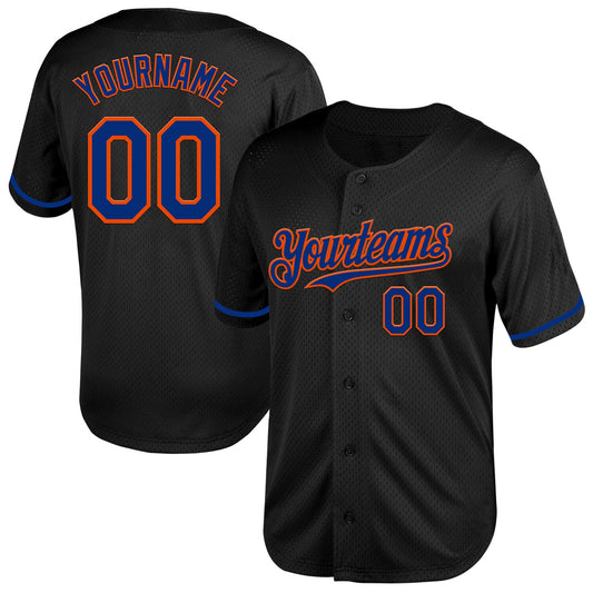 Custom Black Royal-Orange Mesh Authentic Throwback Baseball Jersey - Main View