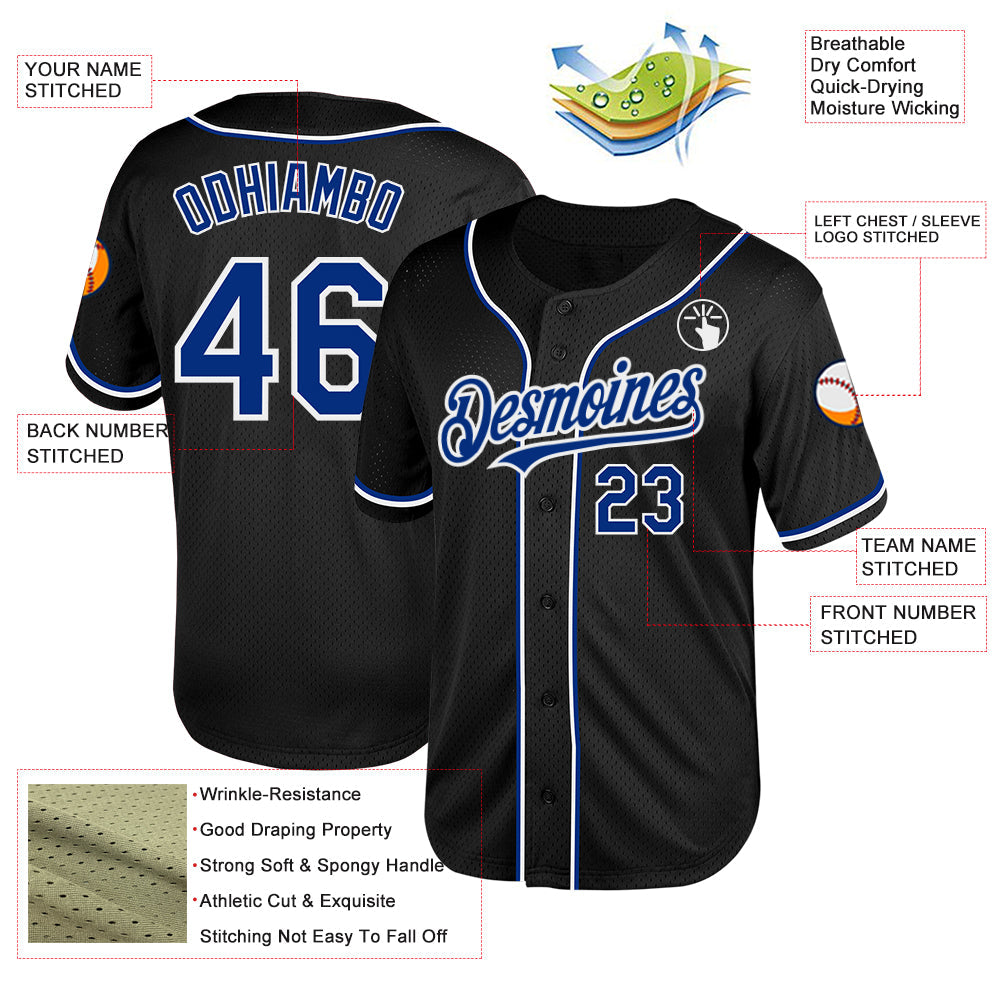 Custom Black Royal-White Mesh Authentic Throwback Baseball Jersey view 3
