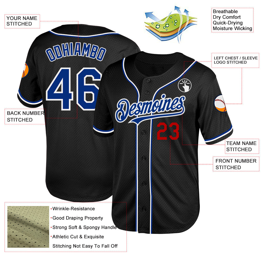 Custom Black Royal-Red Mesh Authentic Throwback Baseball Jersey view 3