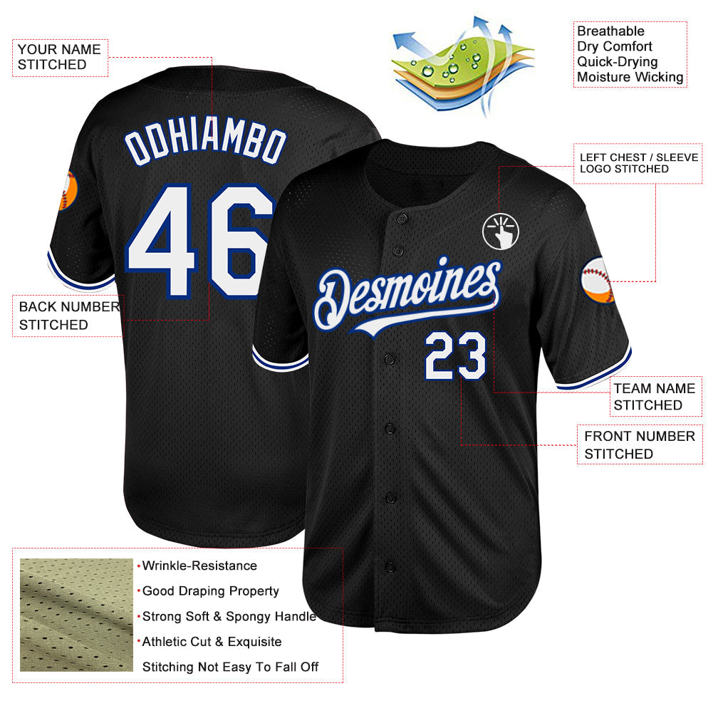 Custom Black White-Royal Mesh Authentic Throwback Baseball Jersey view 3
