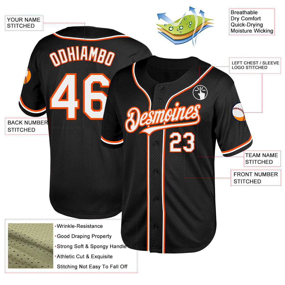 Custom Black White-Orange Mesh Authentic Throwback Baseball Jersey view 3