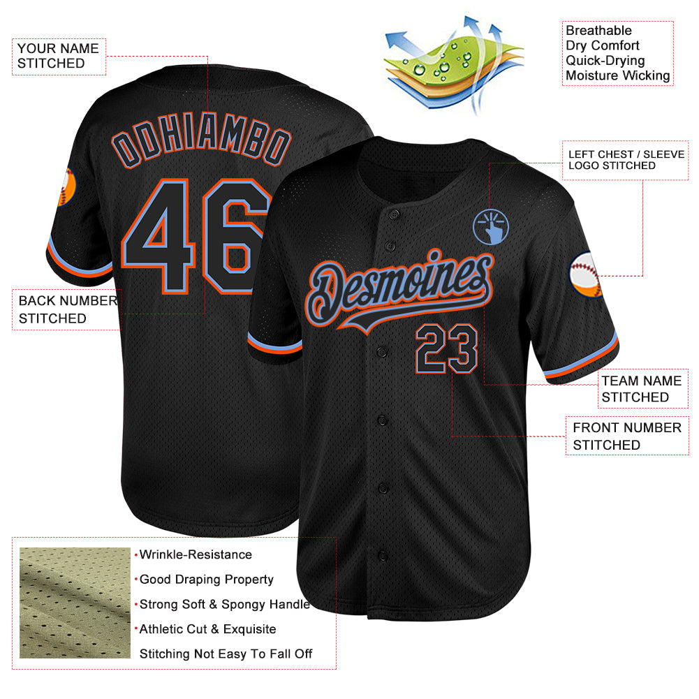 Custom Black Powder Blue-Orange Mesh Authentic Throwback Baseball Jersey view 3