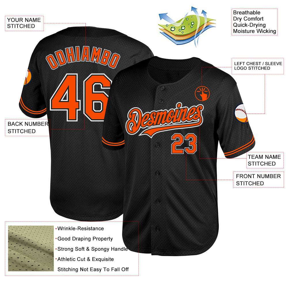 Custom Black Orange-White Mesh Authentic Throwback Baseball Jersey view 3