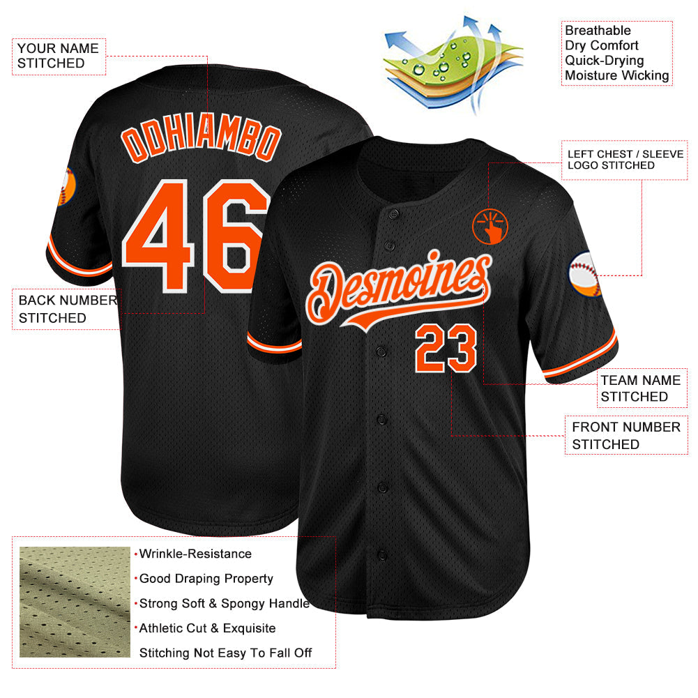 Custom Black Orange-White Mesh Authentic Throwback Baseball Jersey view 3