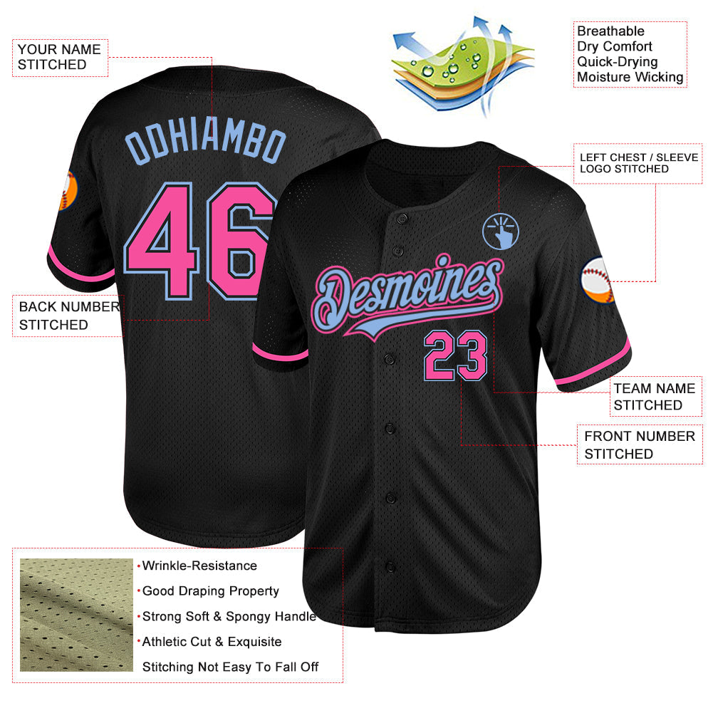 Custom Black Pink-Light Blue Mesh Authentic Throwback Baseball Jersey view 3