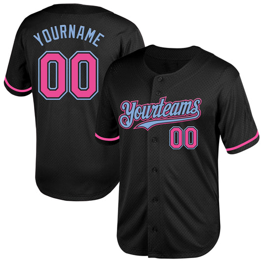 Custom Black Pink-Light Blue Mesh Authentic Throwback Baseball Jersey - Main View