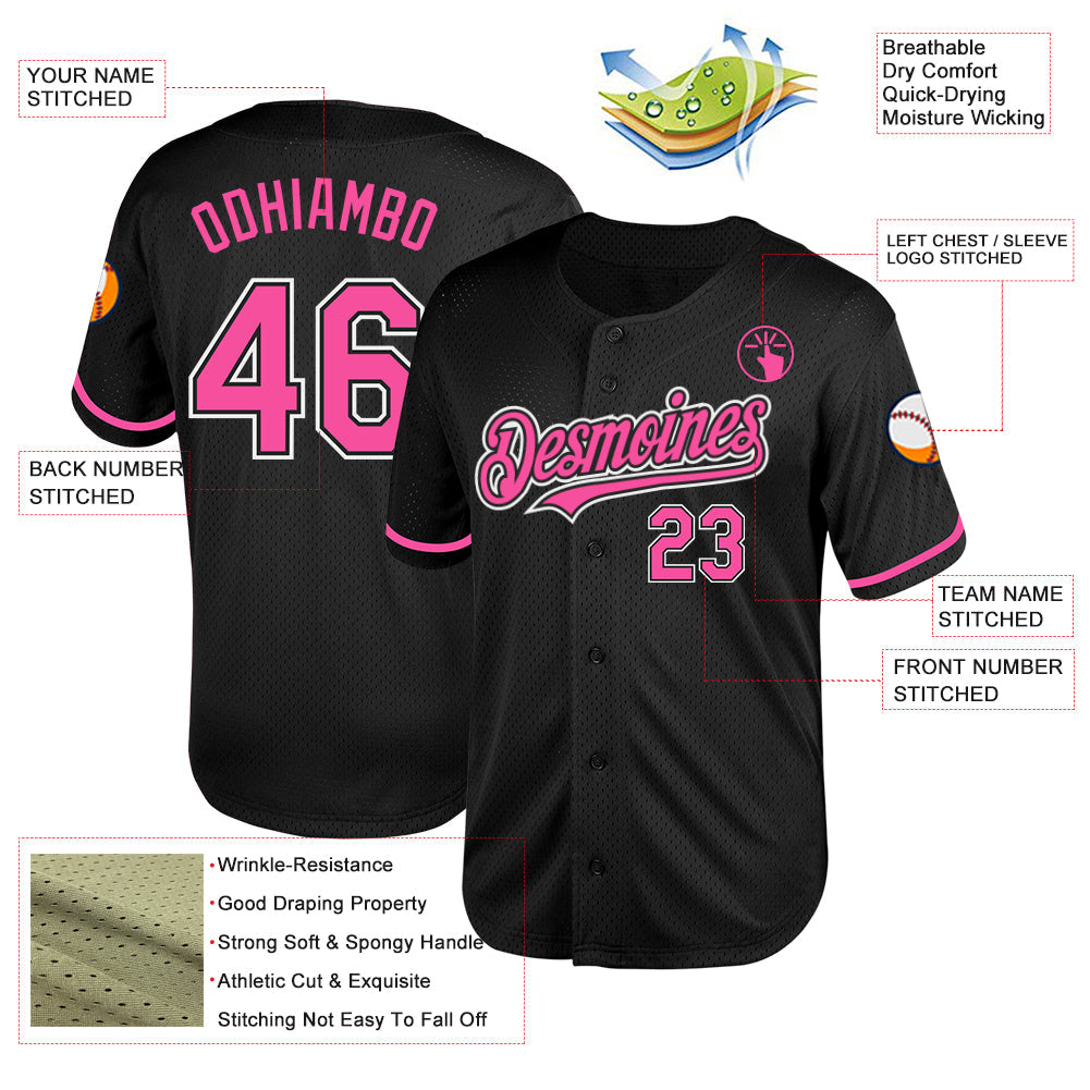 Custom Black Pink-White Mesh Authentic Throwback Baseball Jersey view 3