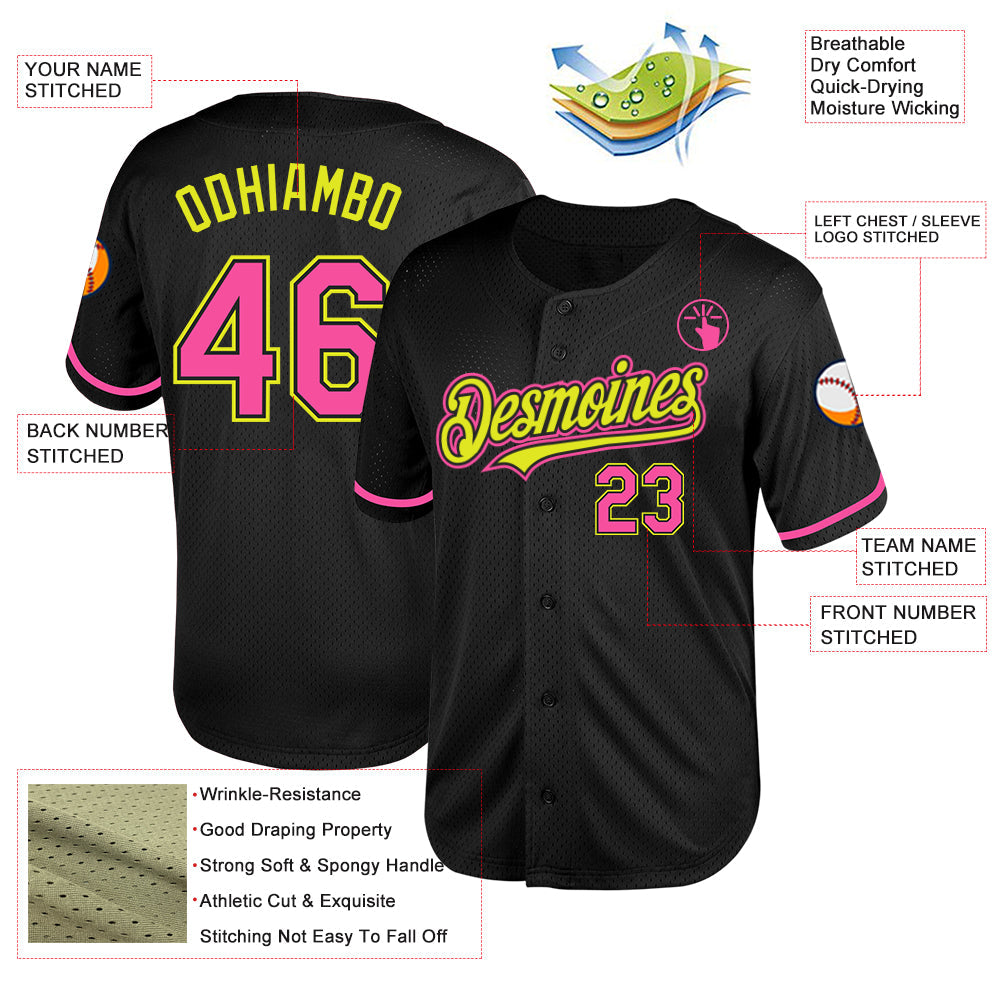 Custom Black Pink-Neon Yellow Mesh Authentic Throwback Baseball Jersey view 3