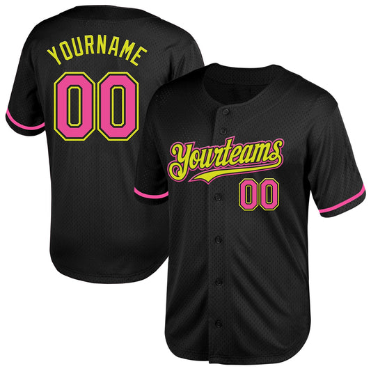 Custom Black Pink-Neon Yellow Mesh Authentic Throwback Baseball Jersey - Main View