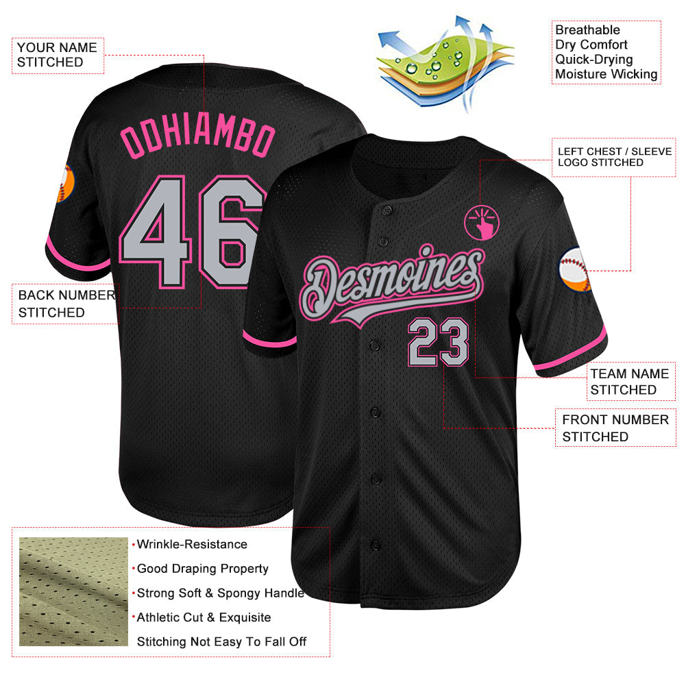Custom Black Gray-Pink Mesh Authentic Throwback Baseball Jersey view 3