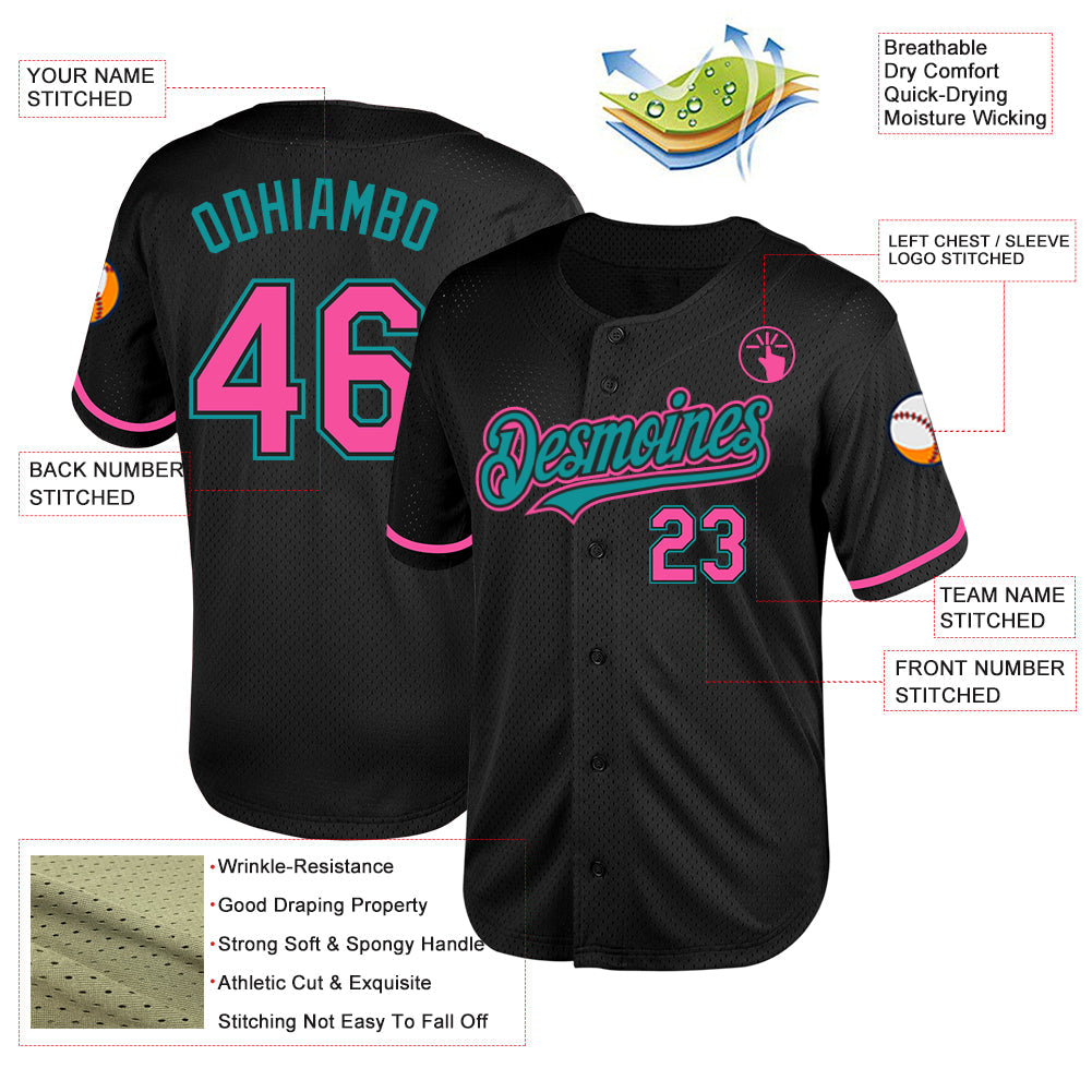 Custom Black Pink-Teal Mesh Authentic Throwback Baseball Jersey view 3