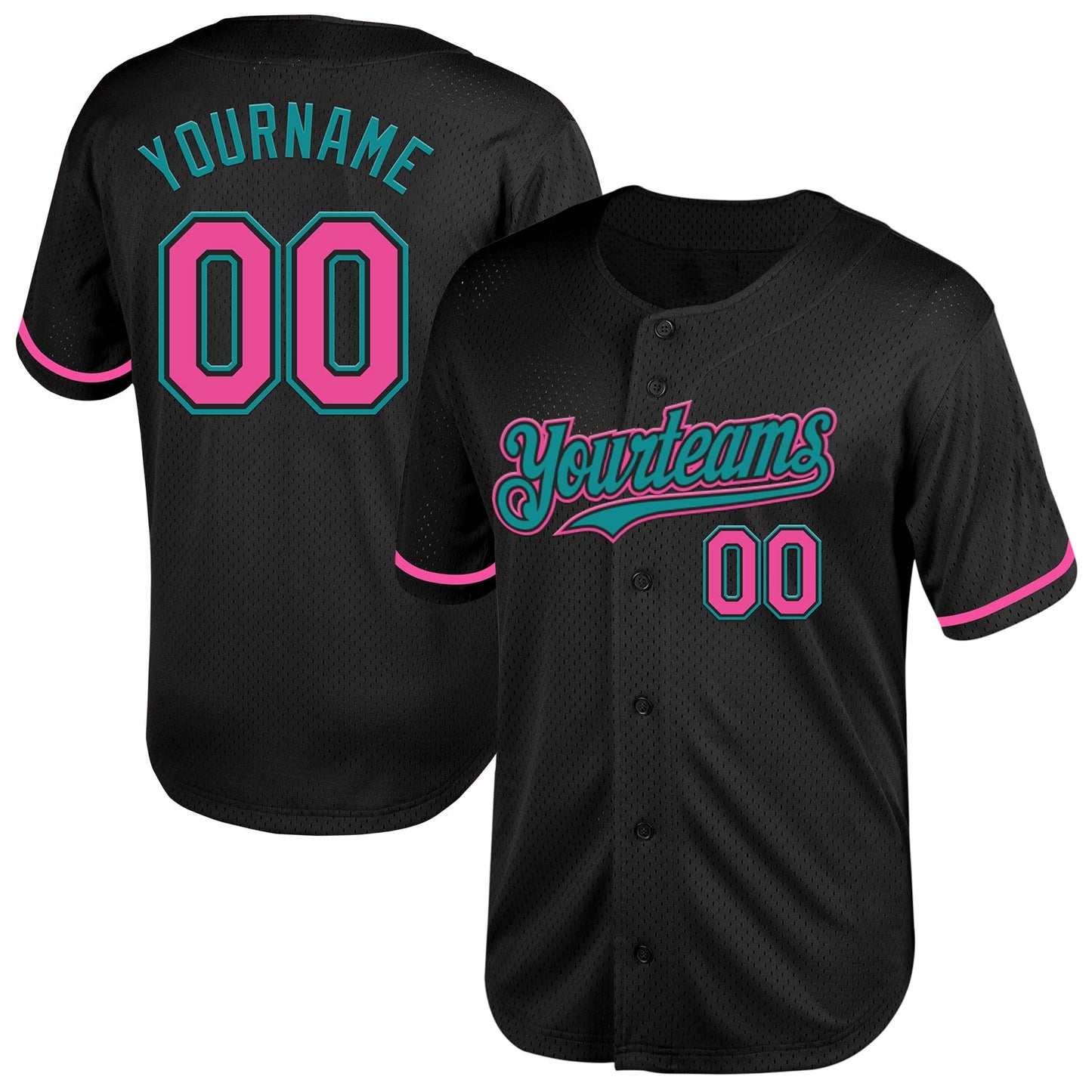Custom Black Pink-Teal Mesh Authentic Throwback Baseball Jersey - Main View
