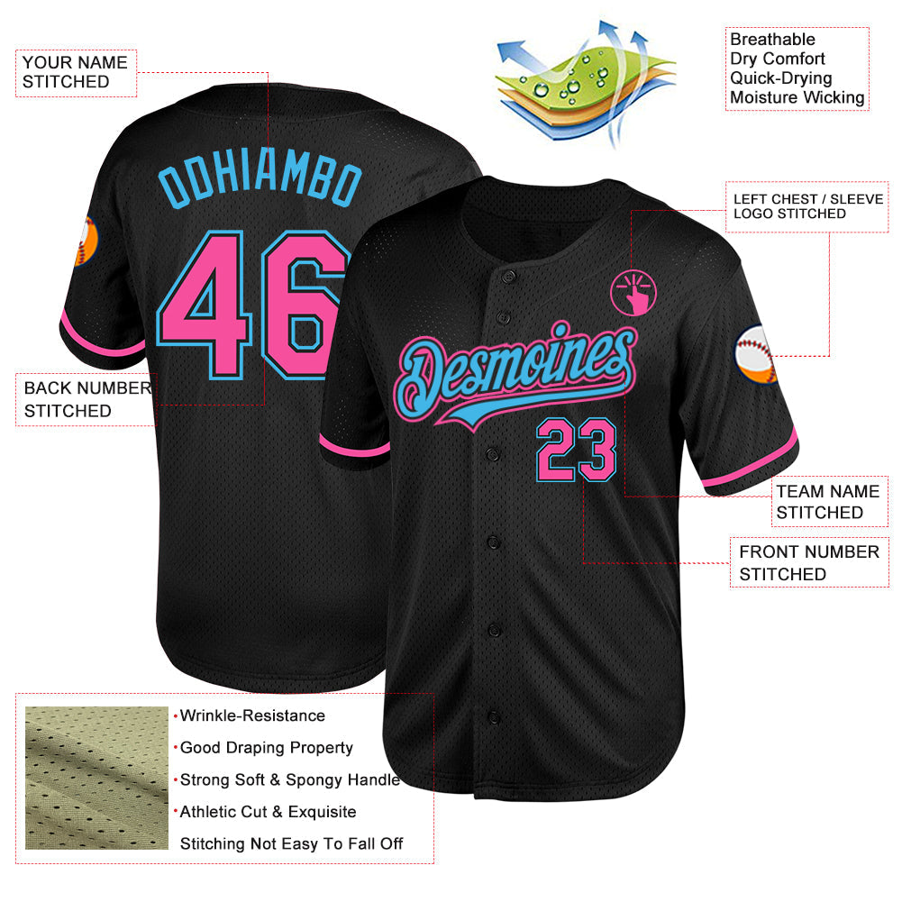 Custom Black Pink-Sky Blue Mesh Authentic Throwback Baseball Jersey view 3