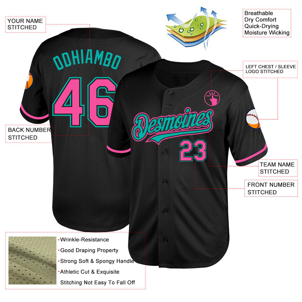 Custom Black Pink-Aqua Mesh Authentic Throwback Baseball Jersey view 3