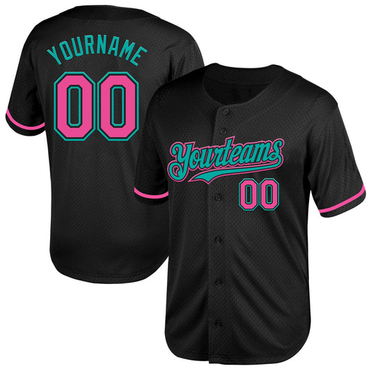 Custom Black Pink-Aqua Mesh Authentic Throwback Baseball Jersey - Main View