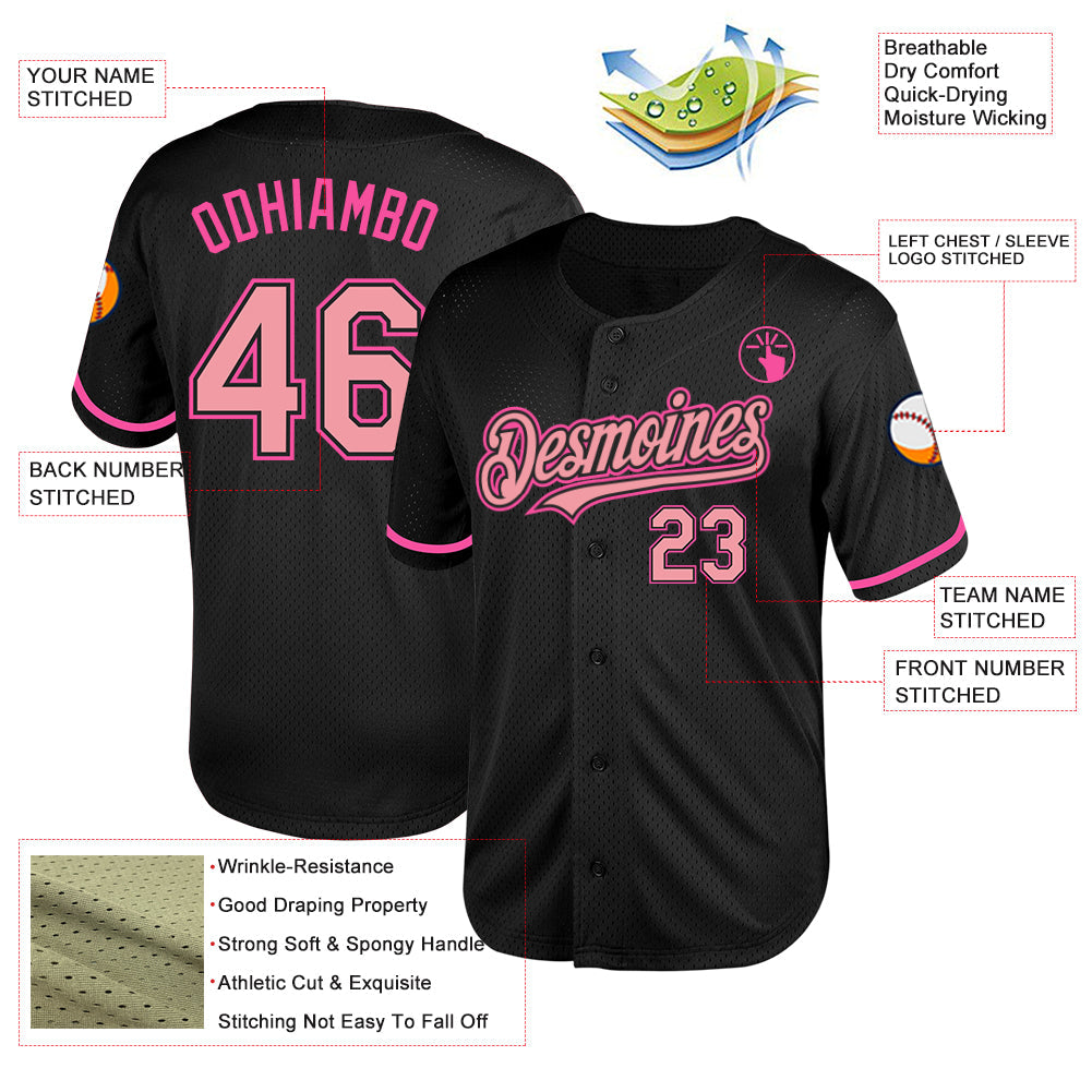 Custom Black Medium Pink-Pink Mesh Authentic Throwback Baseball Jersey view 3