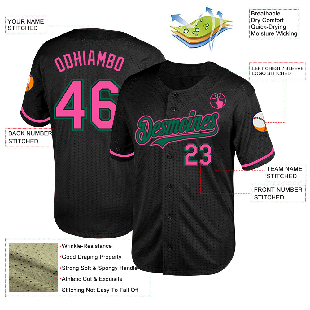 Custom Black Pink-Kelly Green Mesh Authentic Throwback Baseball Jersey view 3
