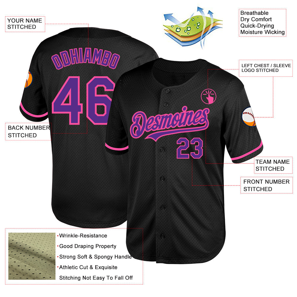 Custom Black Purple-Pink Mesh Authentic Throwback Baseball Jersey view 3