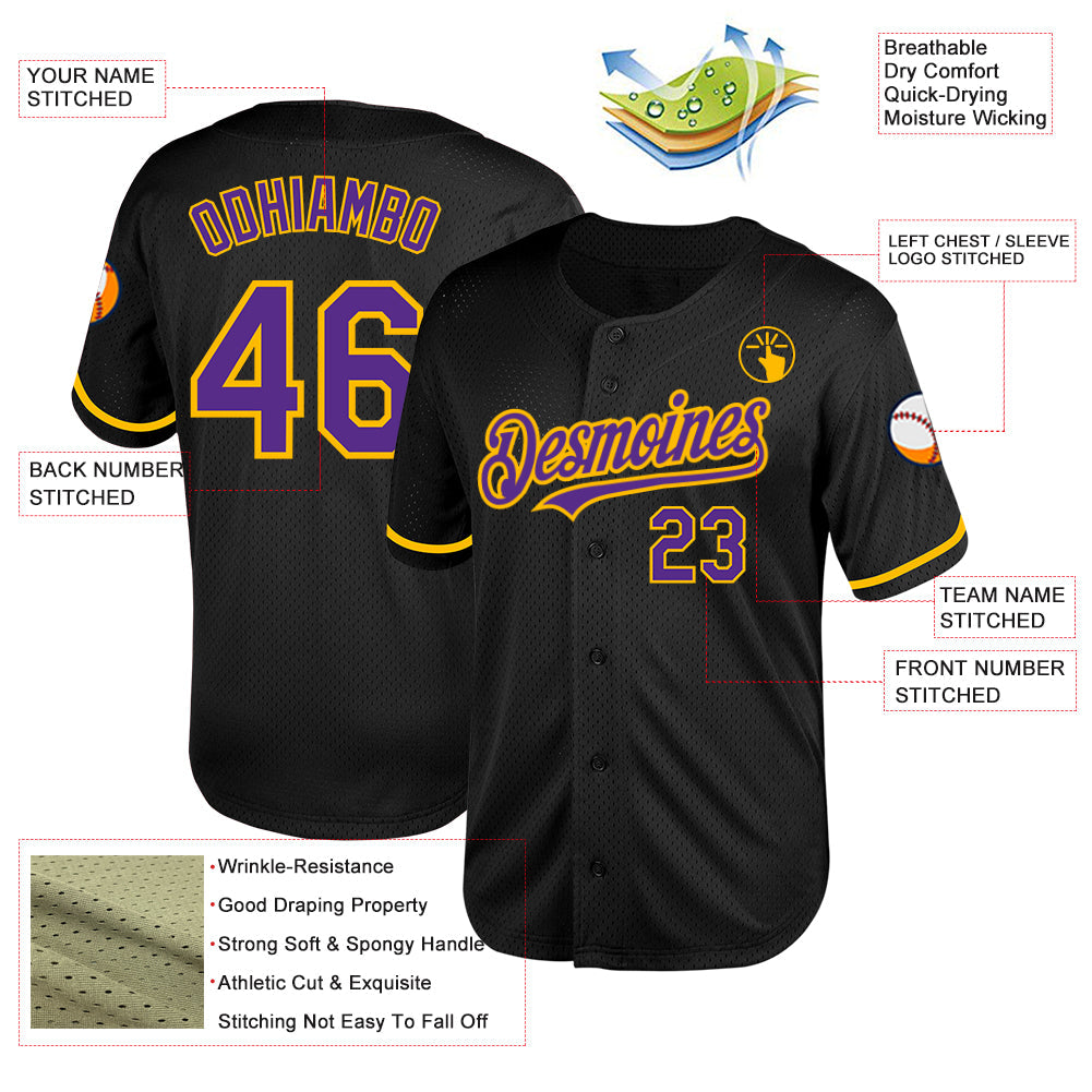 Custom Black Purple-Gold Mesh Authentic Throwback Baseball Jersey view 3