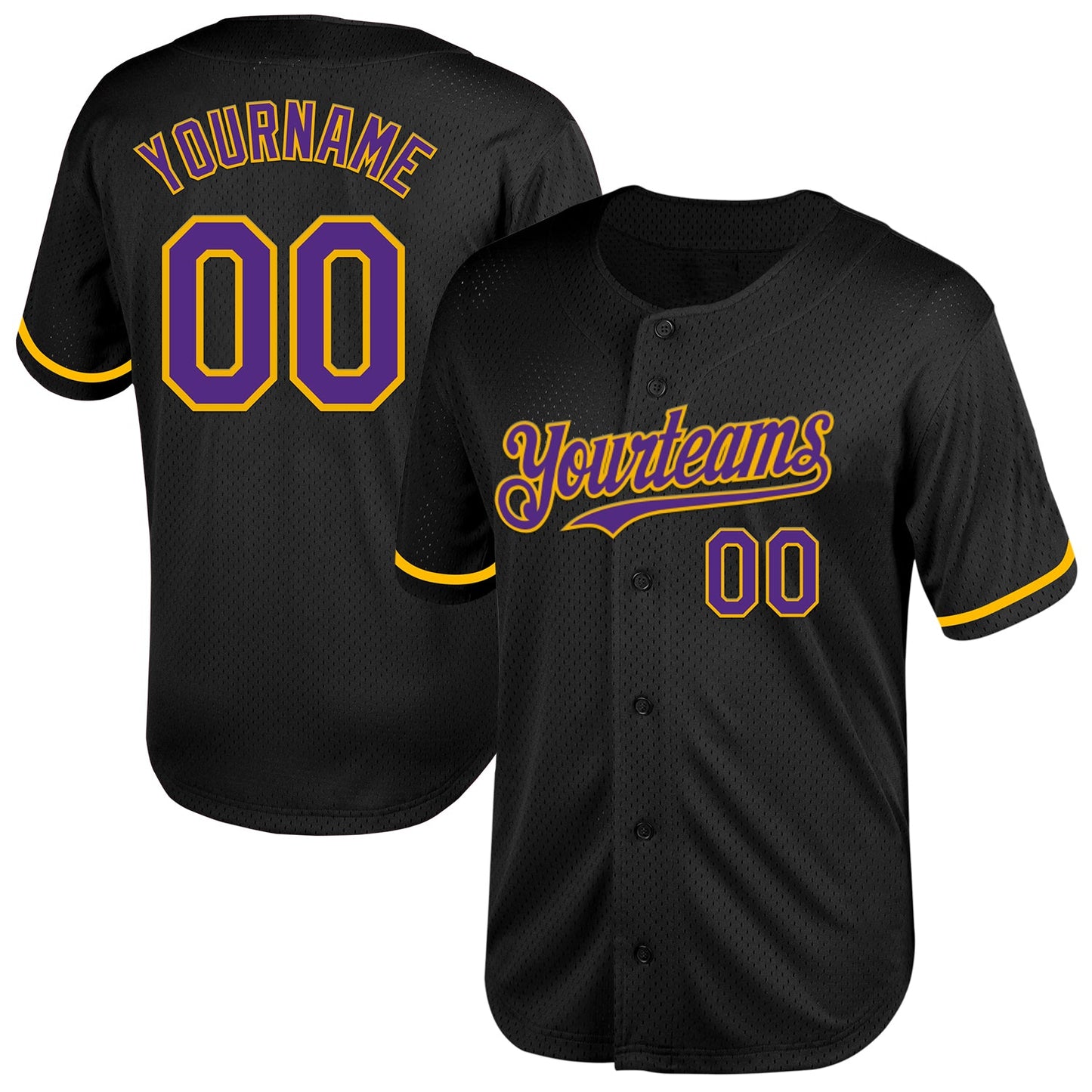 Custom Black Purple-Gold Mesh Authentic Throwback Baseball Jersey - Main View