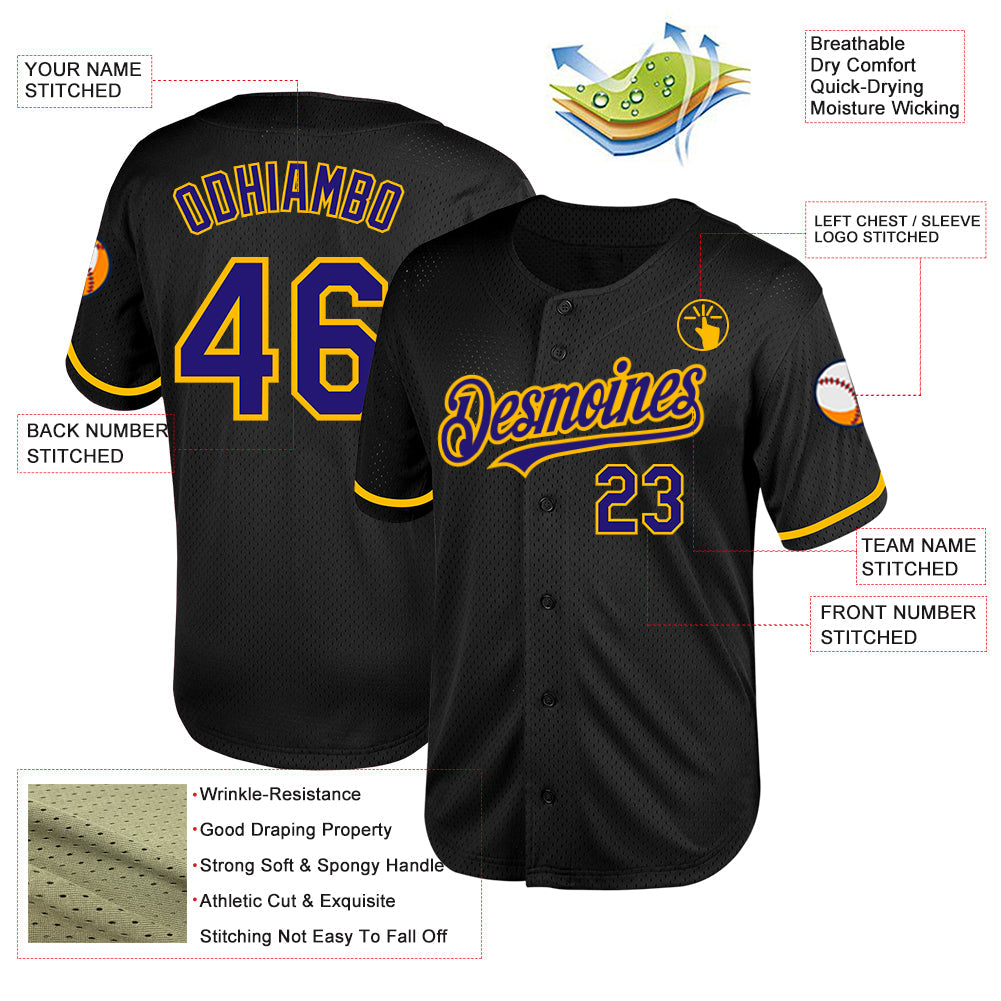 Custom Black Dark Purple-Gold Mesh Authentic Throwback Baseball Jersey view 3