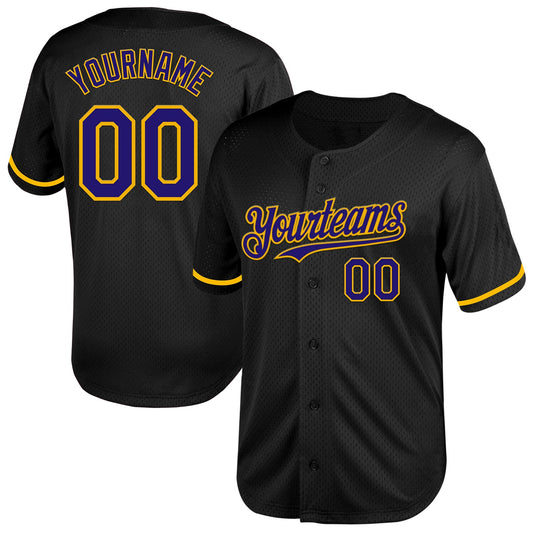Custom Black Dark Purple-Gold Mesh Authentic Throwback Baseball Jersey - Main View