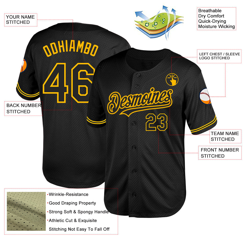 Custom Black Gold Mesh Authentic Throwback Baseball Jersey view 3