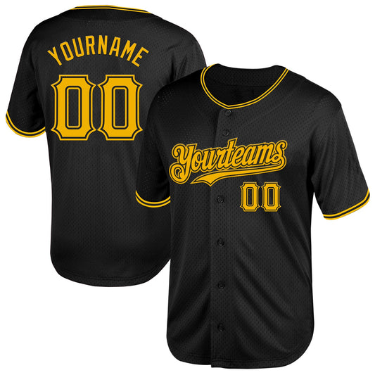 Custom Black Gold Mesh Authentic Throwback Baseball Jersey - Main View