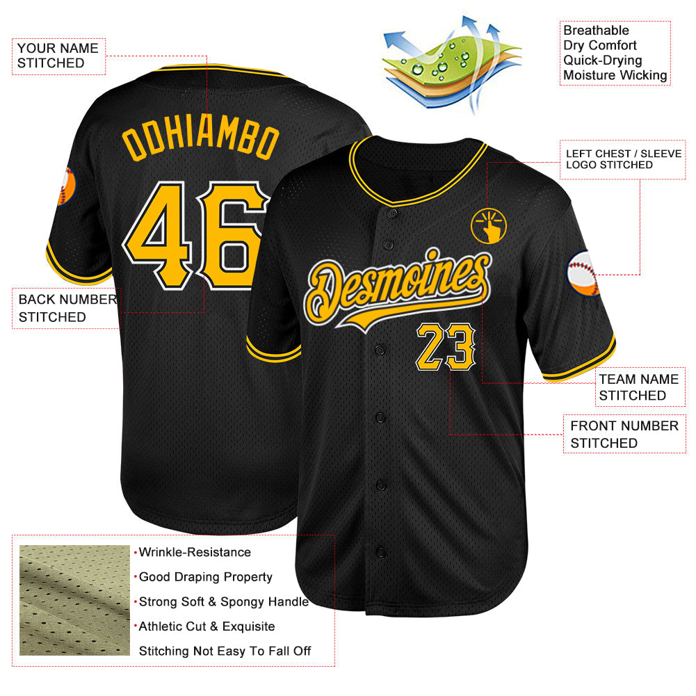 Custom Black Gold-White Mesh Authentic Throwback Baseball Jersey view 3