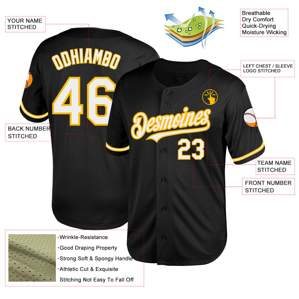 Custom Black White-Gold Mesh Authentic Throwback Baseball Jersey view 3