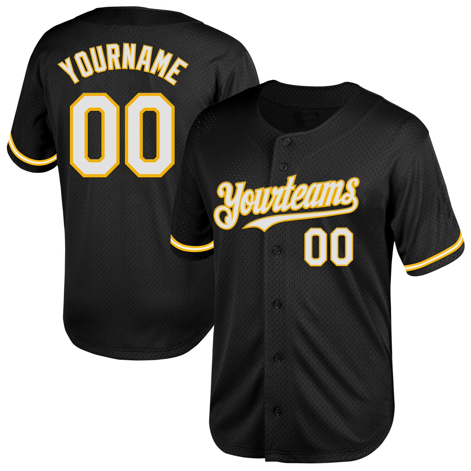 Custom Black White-Gold Mesh Authentic Throwback Baseball Jersey - Main View