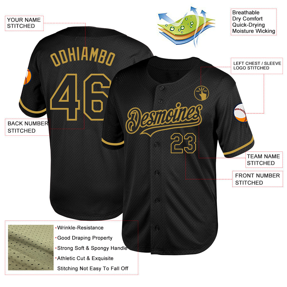 Custom Black Old Gold Mesh Authentic Throwback Baseball Jersey view 3